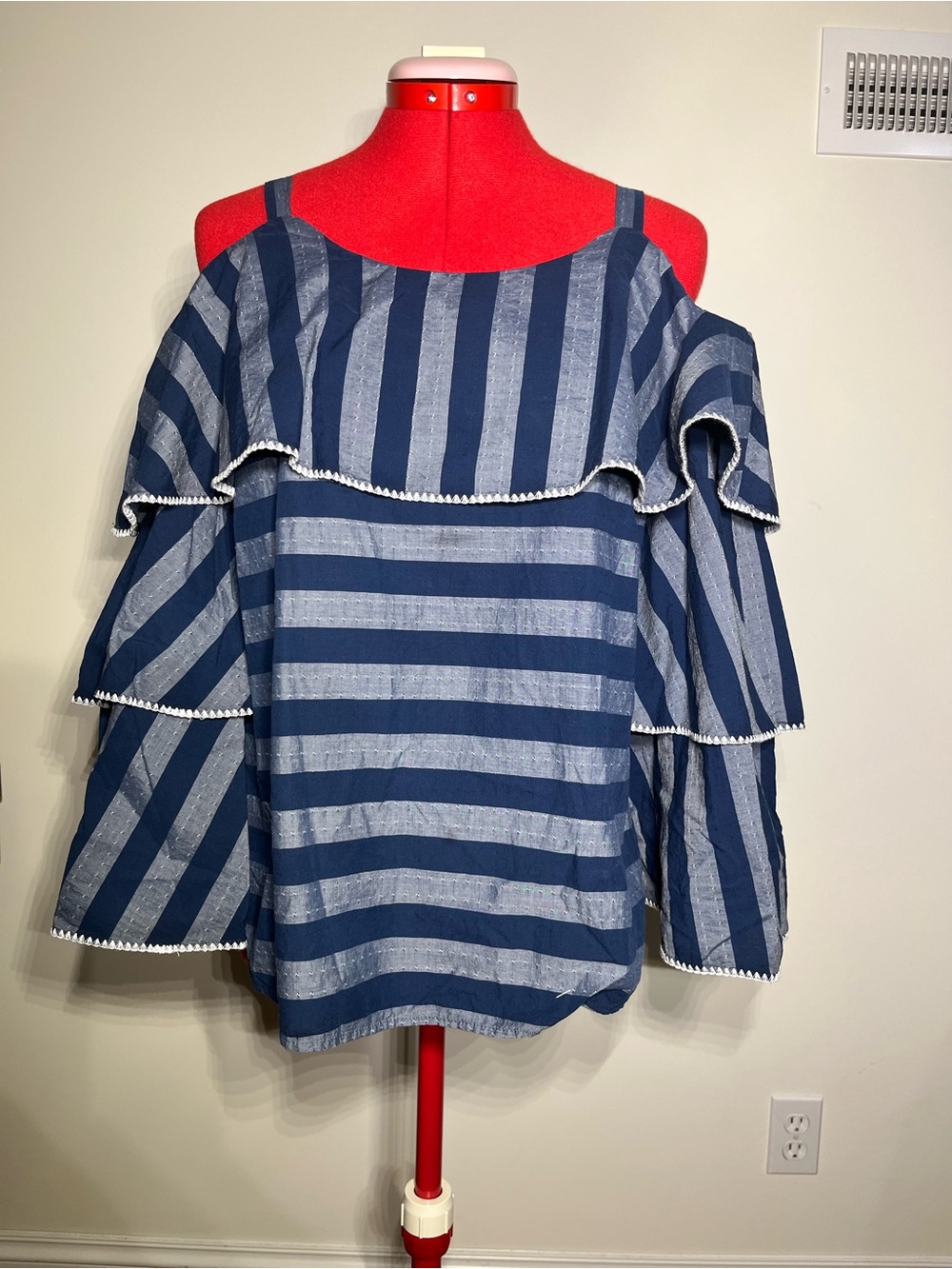 INC International Concepts Blue & Light Blue Striped Cold-Shoulder Ruffle Blouse